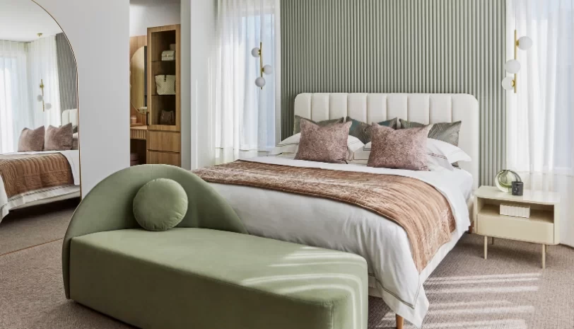 Olive green dusky pink master bedroom home design by Clarendon. Pymble NSW.